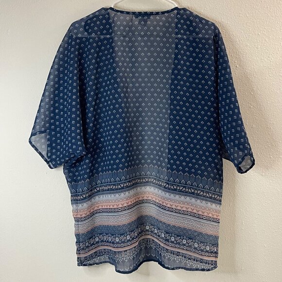 Dizzy Gal Navy Sheer Open Front Kimono Cardigan L Boho Print Women's Lightweight - Picture 7 of 8